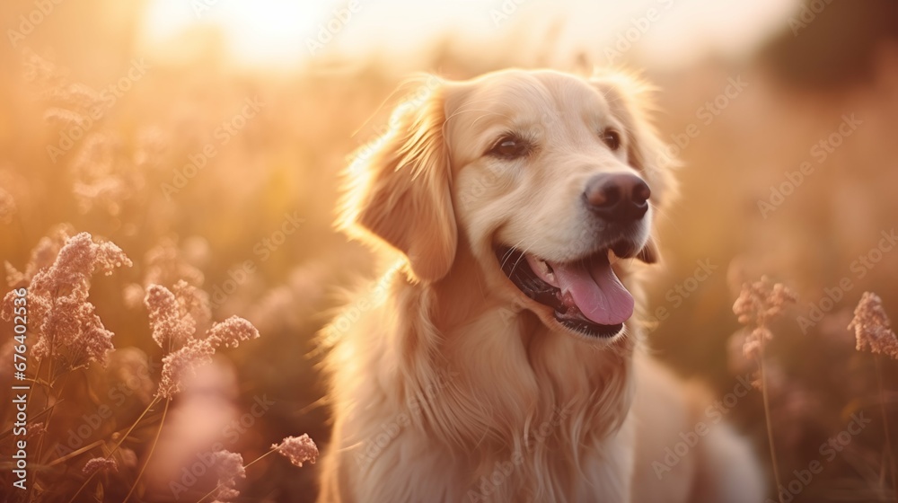 Golden retriever, Happy dog on the soft light field