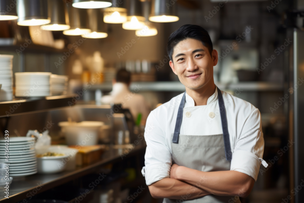 Portrait of confident Asian chef standing with arms crossed and looking at camera