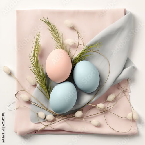 Composition with beautiful pastel colored Easter eggs, spring plant leaves and cloth on grey background photo