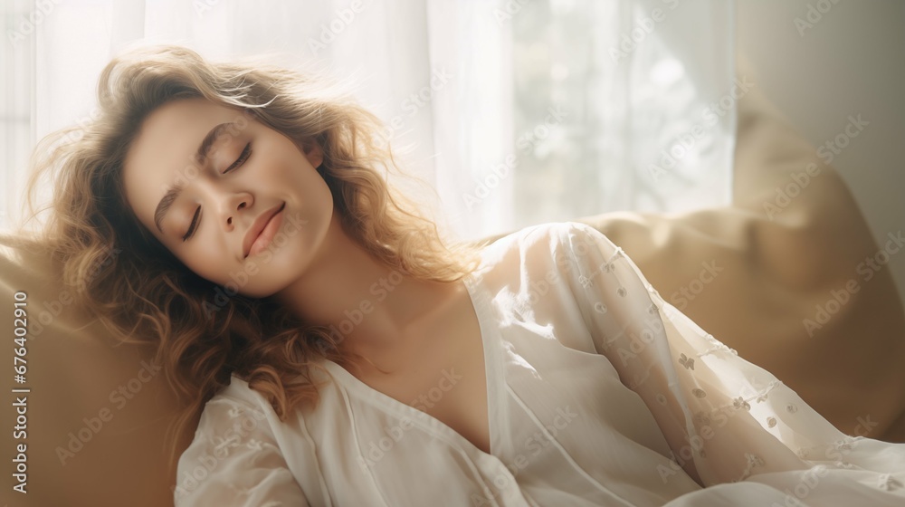Woman wear dress lay on sofa, relax in cozy room Woman wear dress lay on sofa, relax in cozy room