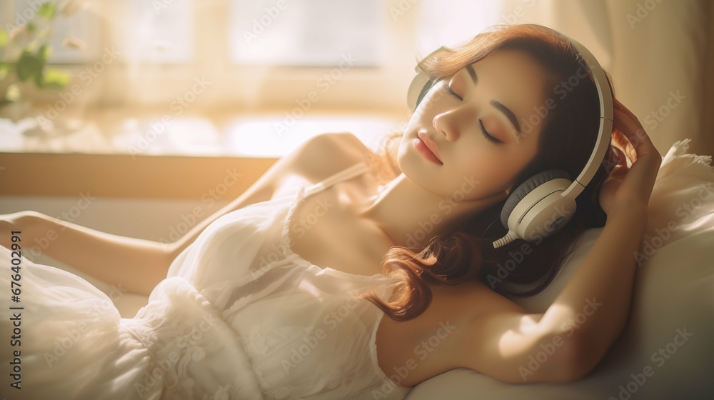 Naklejka premium Woman lay on sofa wear headphone, relax in cozy room