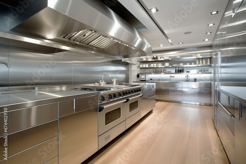 professional modern sleek kitchen in stainless steel in background of minimalist restaurant. Work concept of kitchen and cooking.