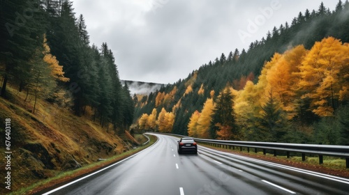 riving on the motorway on a dark moody day with autumn colorful leaves, road, travel, asphalt, highway, car, mountain, fog, transportation, nature, forest, traffic © Space_Background