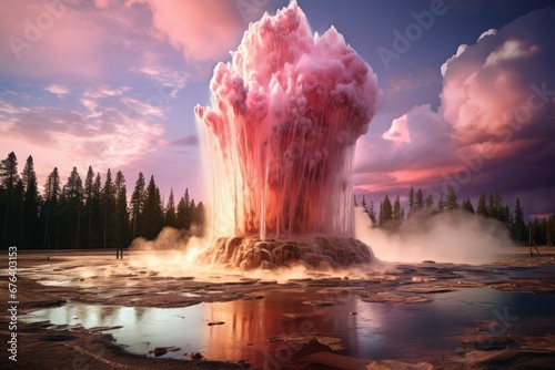 Geyser eruption in a national park pink clouds photo