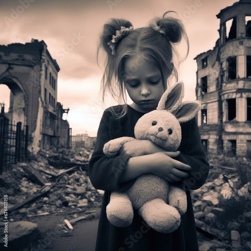 children hug their toys in the middle of a destroyed building. war background