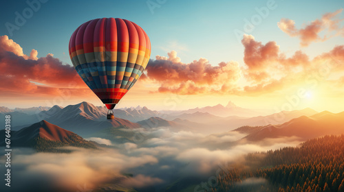 Colorful hot air balloons flying over mountain in Asia