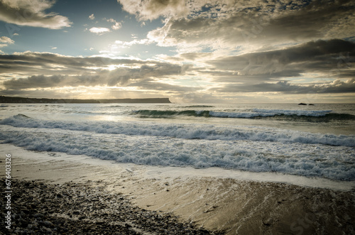 Approaching sunset at Whitepark Bay in County Antrim in Northern Ireland 