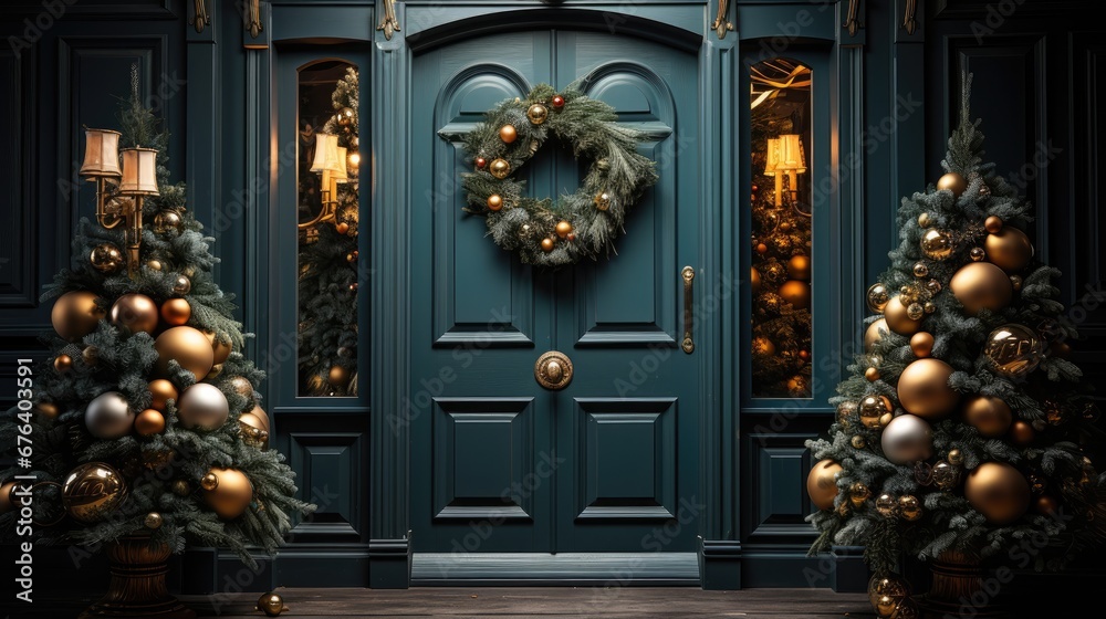 Fir Christmas wreath on door closeup