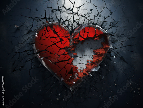 A vivid red, broken heart lies amidst the dark shards of its former self, the stark contrast illustrating the depth of a silent heartbreak photo