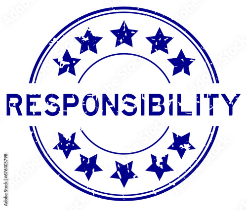 Grunge blue responsibility word with star icon round rubber seal stamp on white background