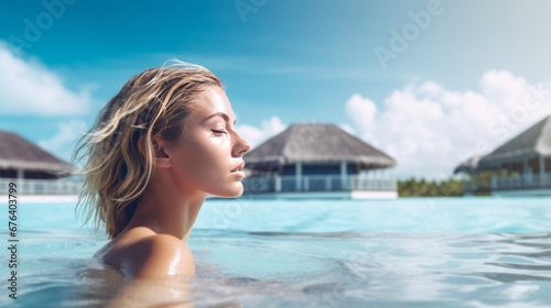 Young woman in infinity pool vacation concept © Natalia Klenova