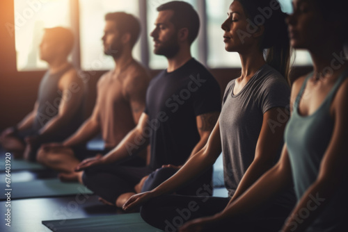 group of people making yoga exercises at studio photo
