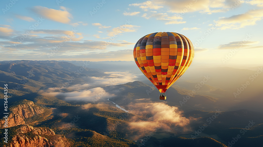 Fototapeta premium Colorful hot air balloons flying over mountain in Asia