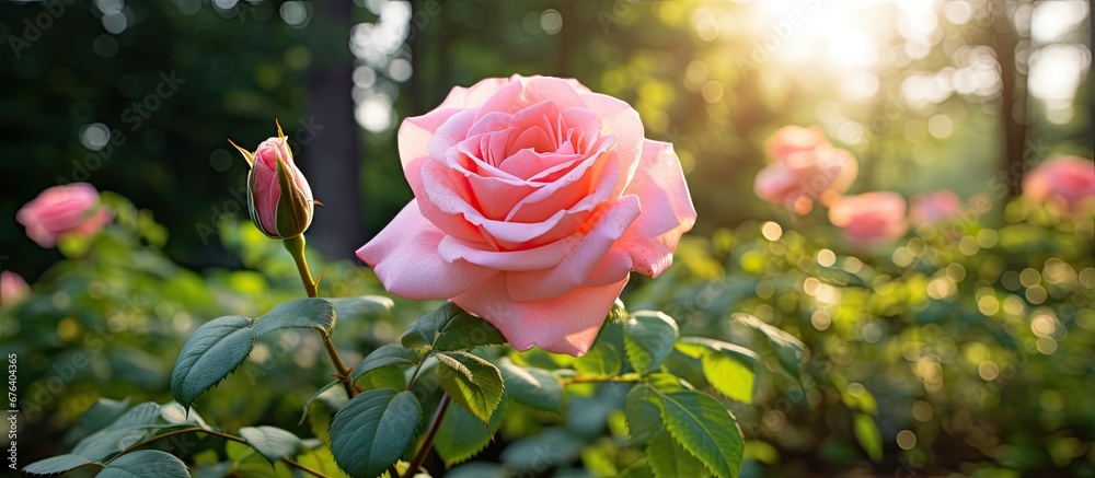 Obraz premium The delicate pink rose petals blossom amidst the lush green flora creating a beautiful macro view of nature s exquisite and fresh display