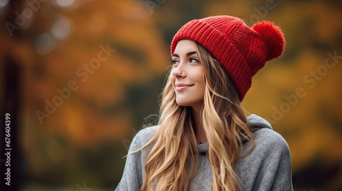  a woman with long hair wearing a red hat and a gray sweater. generative ai