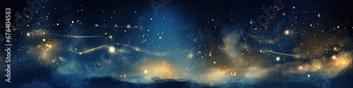 Watercolor night sky. Pattern with gold foil constellations, stars and clouds on dark blue background. Space, astronomical concept. Design for textile, fabric, paper, print. banner photo