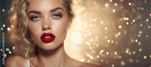 Portraite closeup of a young woman with bright red painted lips, golden sparkles and glitter on her face with bokeh background. Creative makeup and luxury style. AI Generated