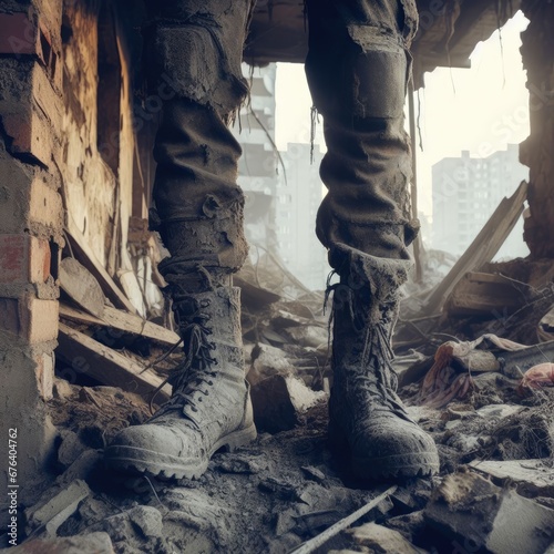 soldiers in the middle of a destroyed building. war background