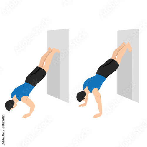 Man doing inverted wall push up exercise. Flat vector illustration isolated on white background