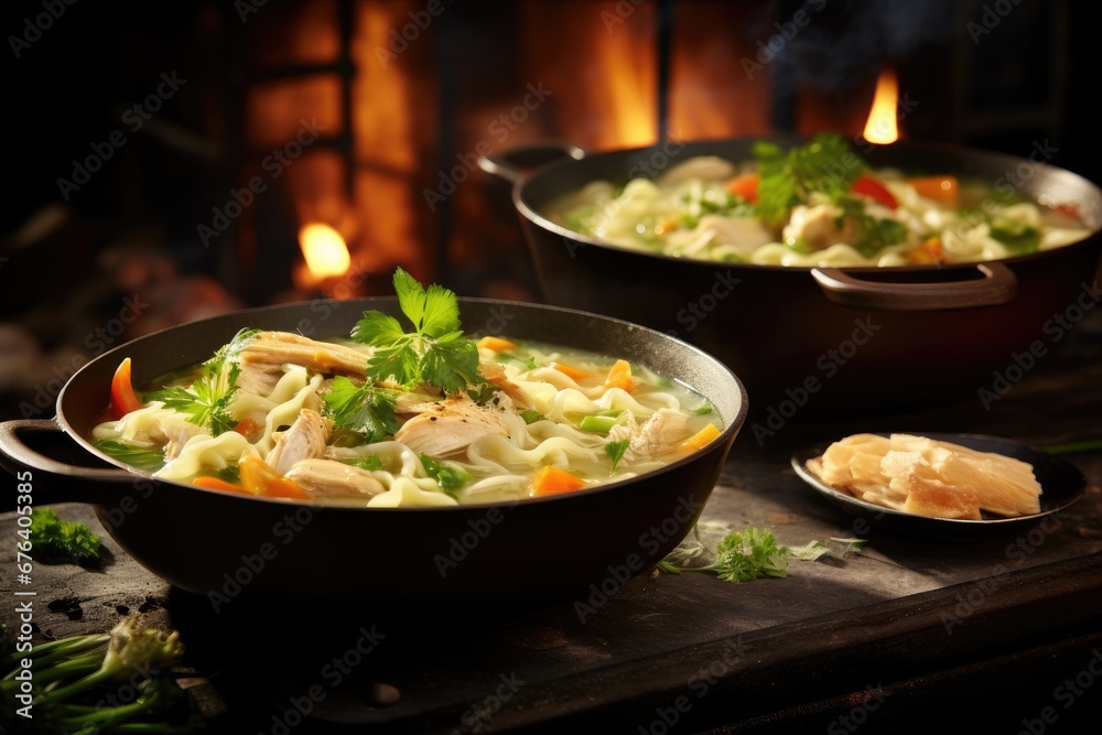 a bowl of chicken noodle soup next to a pan of chicken noodle soup. generative ai a bowl of chicken noodle soup next to a pan of chicken noodle soup. generative ai