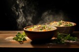  two bowls of food on a wooden table with steam rising from them.  generative ai