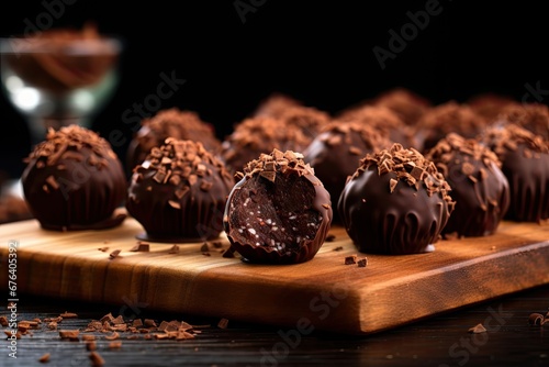  a wooden cutting board topped with chocolate covered truffles.  generative ai photo