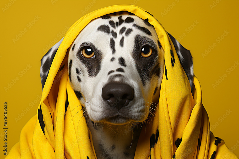 dog wearing a yellow cape on a bright yellow background