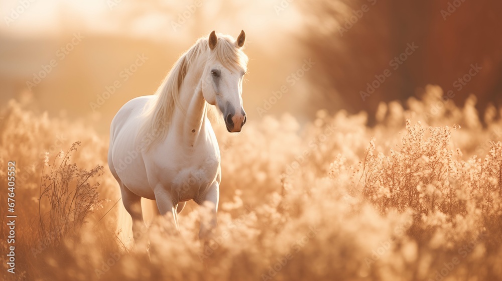 White horse on field, animal portrait soft light White horse on field, animal portrait soft light