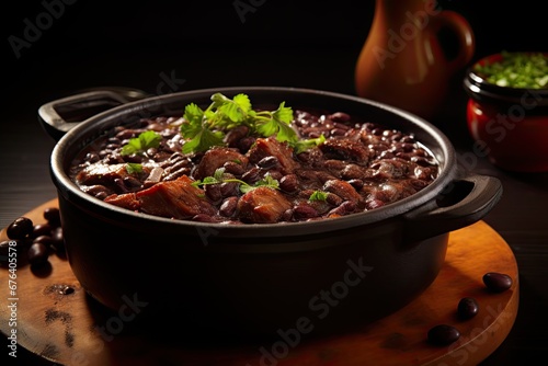  a pot of beans and meat with a side of beans. generative ai