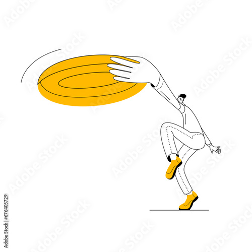 Man launches flying disk. Conceptual illustration on the topic of startup. Isolated vector character.