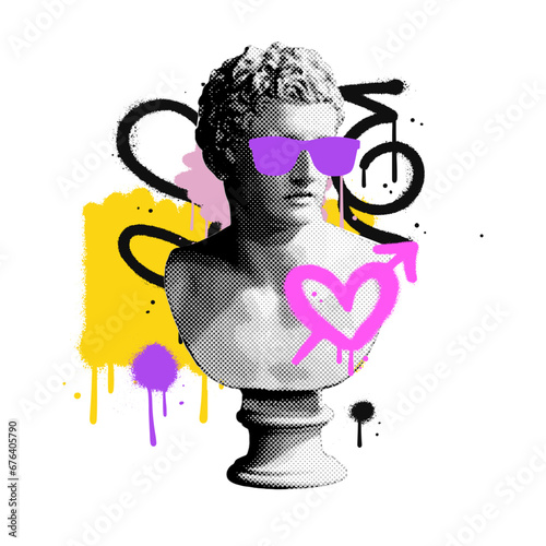 Halftone collage in contemporary punk grunge style. Modern poster with dotted ancient statue with spray paint brush strokes. Urban graffiti Concept of rebel, protest, anti establishment. Vector.