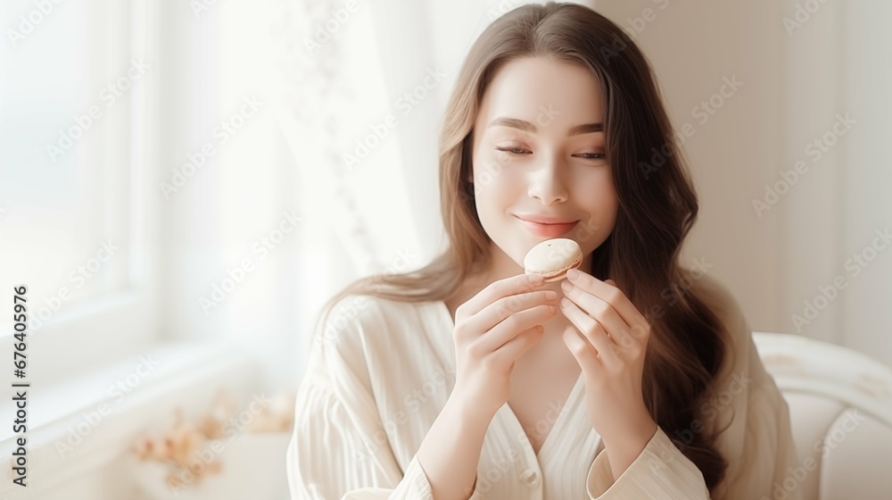Macaron lover, Woman Savoring the Sweet Bliss of a Macaron, Surrounded by the Romantic and Cozy Ambiance of Soft Light in a Stylish Room Macaron lover, Woman Savoring the Sweet Bliss of a Macaron, Surrounded by the Romantic and Cozy Ambiance of Soft Light in a Stylish Room