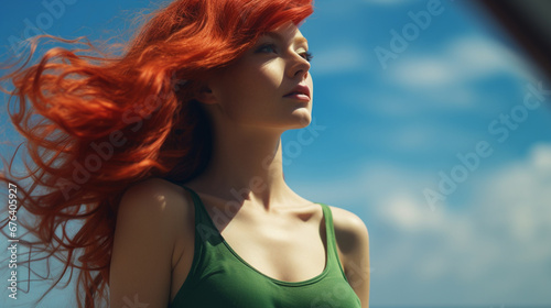 A red-haired woman dressed in green on a green background, in the style of the 70s © frimufilms