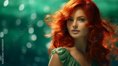 A red-haired woman dressed in green on a green background, in the style of the 70s