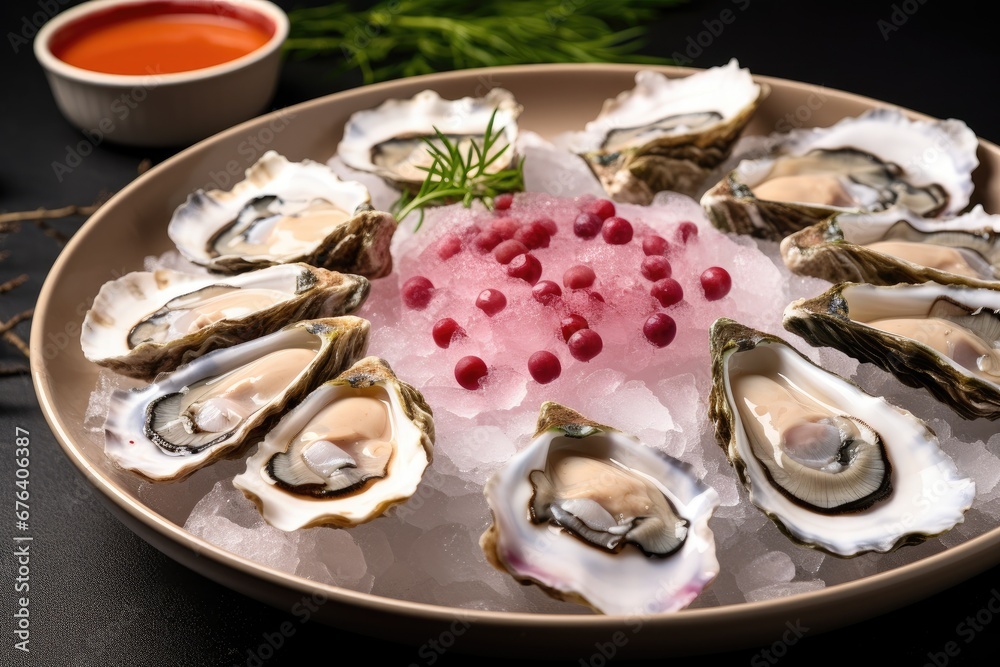 a plate of oysters with a pink substance in the middle. generative ai a plate of oysters with a pink substance in the middle. generative ai