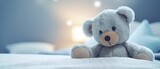 A teddy bear is sitting on a cozy bed