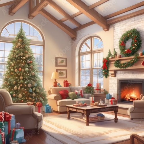 Cozy room with panoramic windows, fireplace and decorated Christmas tree