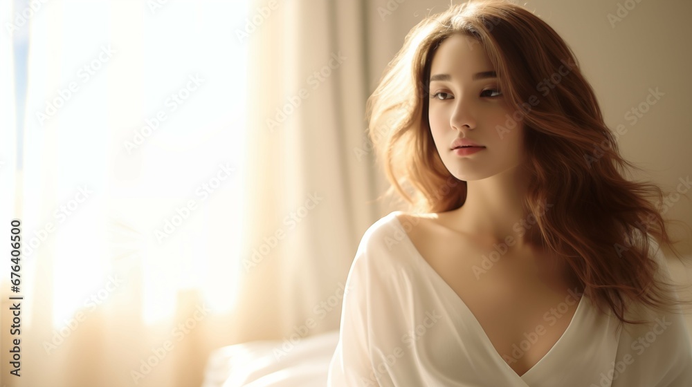 Graceful Woman in a Stylish Dress in Room, Illuminated by Soft Light, Exuding Elegance and Luxury for a Timeless Portrait Graceful Woman in a Stylish Dress in Room, Illuminated by Soft Light, Exuding Elegance and Luxury for a Timeless Portrait