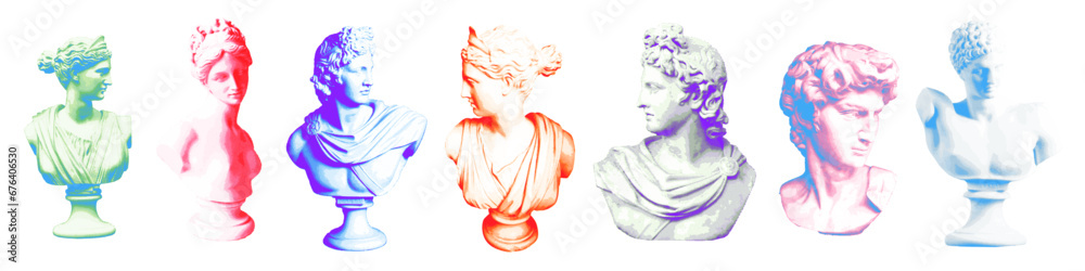 Set of halftone antique statue busts of in 90s retro collage style of the Renaissance. Duotone riso Vector illustration. Set of two colored stickers in vintage funky style. - obrazy, fototapety, plakaty 