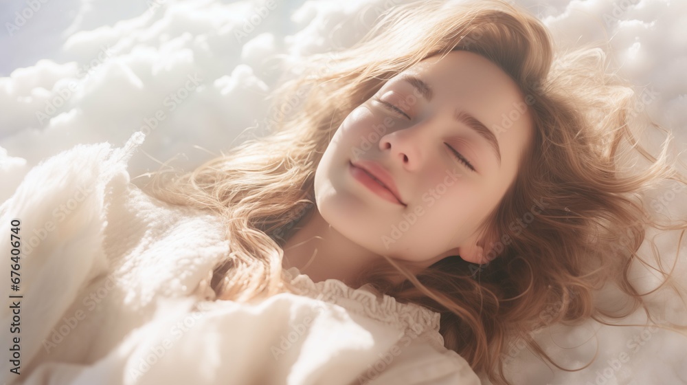 Woman lay on snow, romantic soft light style