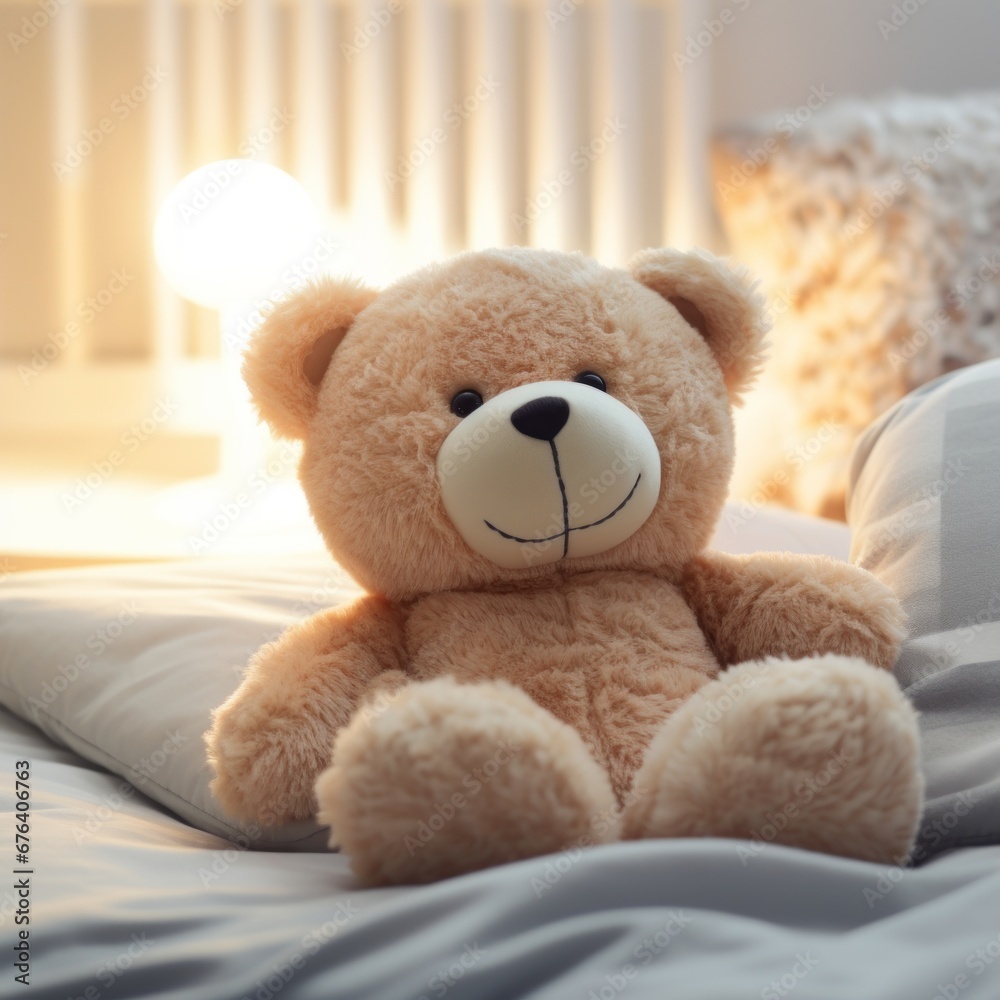 A teddy bear is sitting on a cozy bed