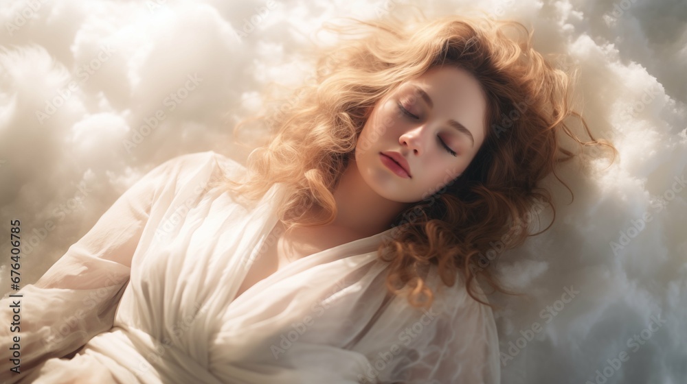 Woman lay on snow, romantic soft light style