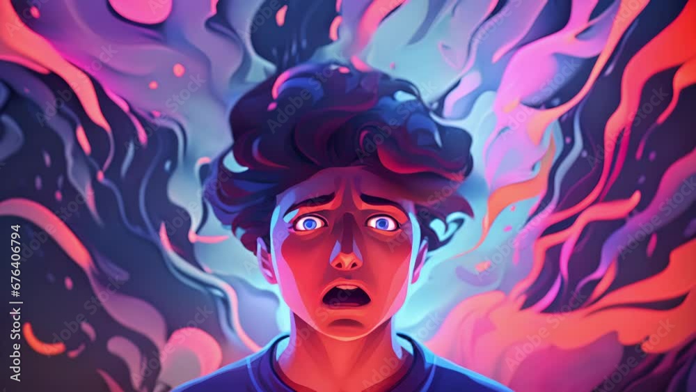 An animated character suffering from PTSD is shown experiencing a vivid and distressing flashback, portrayed with swirling colors and disorienting visuals. 2d animation An animated character suffering from PTSD is shown experiencing a vivid and distressing flashback, portrayed with swirling colors and disorienting visuals. 2d animation