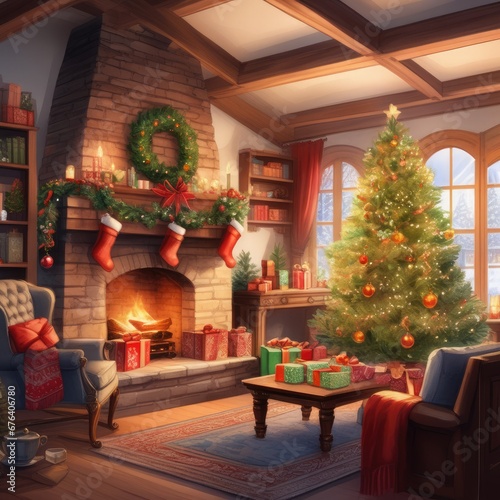 Cozy room with panoramic windows, fireplace and decorated Christmas tree