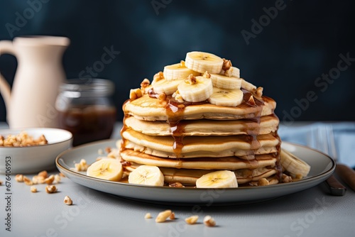  a stack of pancakes with bananas and syrup on a plate.  generative ai