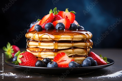  a stack of pancakes with syrup and berries on a plate.  generative ai photo