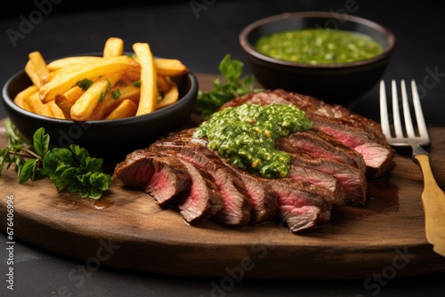  a plate of steak and french fries with a green sauce.  generative ai