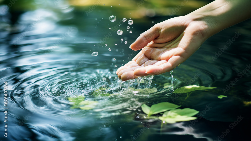 woman's hand gently touching water in serene pond