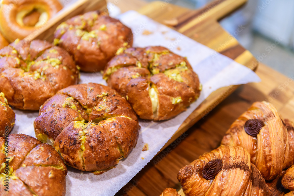 garlic bread cream cheese at cafe. homemade bakery garlic bread cream cheese at cafe. homemade bakery