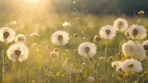 peaceful meadow, dandelions shown releasing their seeds into air, creating magical scene flying fluff. photo